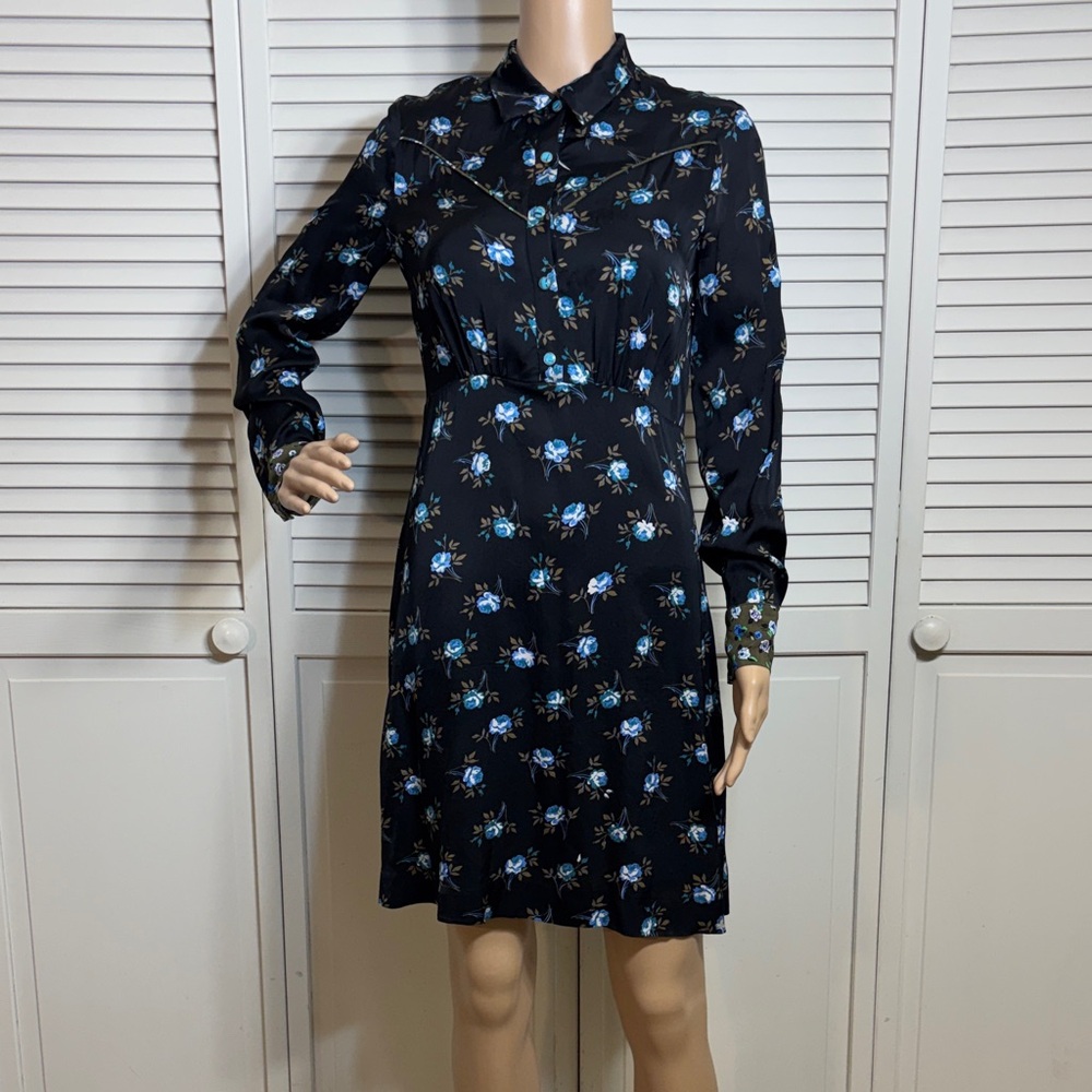 Sandro Black Long-Sleeves Floral Shirt Dress with Blue Rose Print Size 4 - Picture 4 of 16